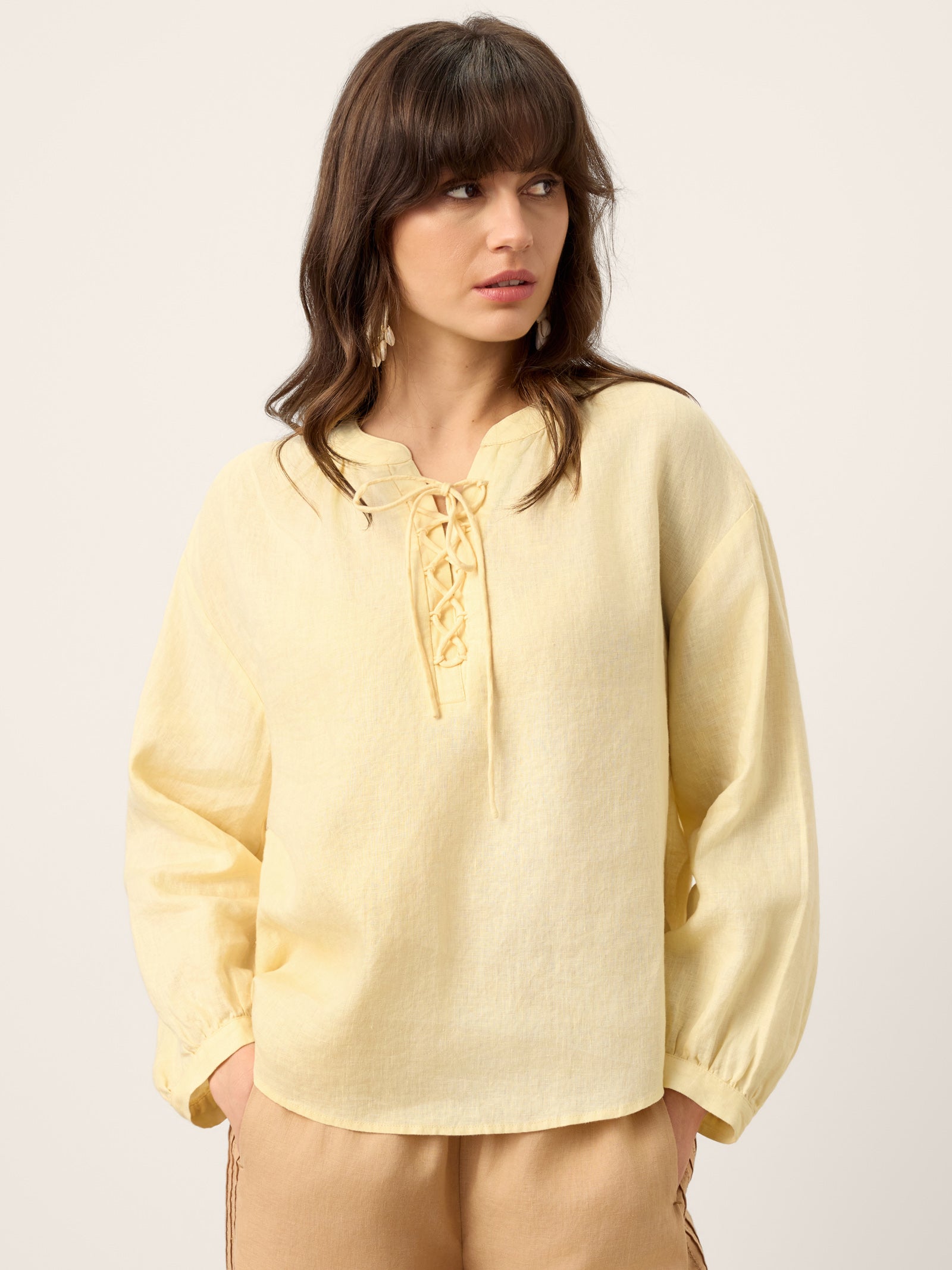 100% Linen Lace-Up Shirred Lantern Sleeve Blouse DOROTHEA DestGlow