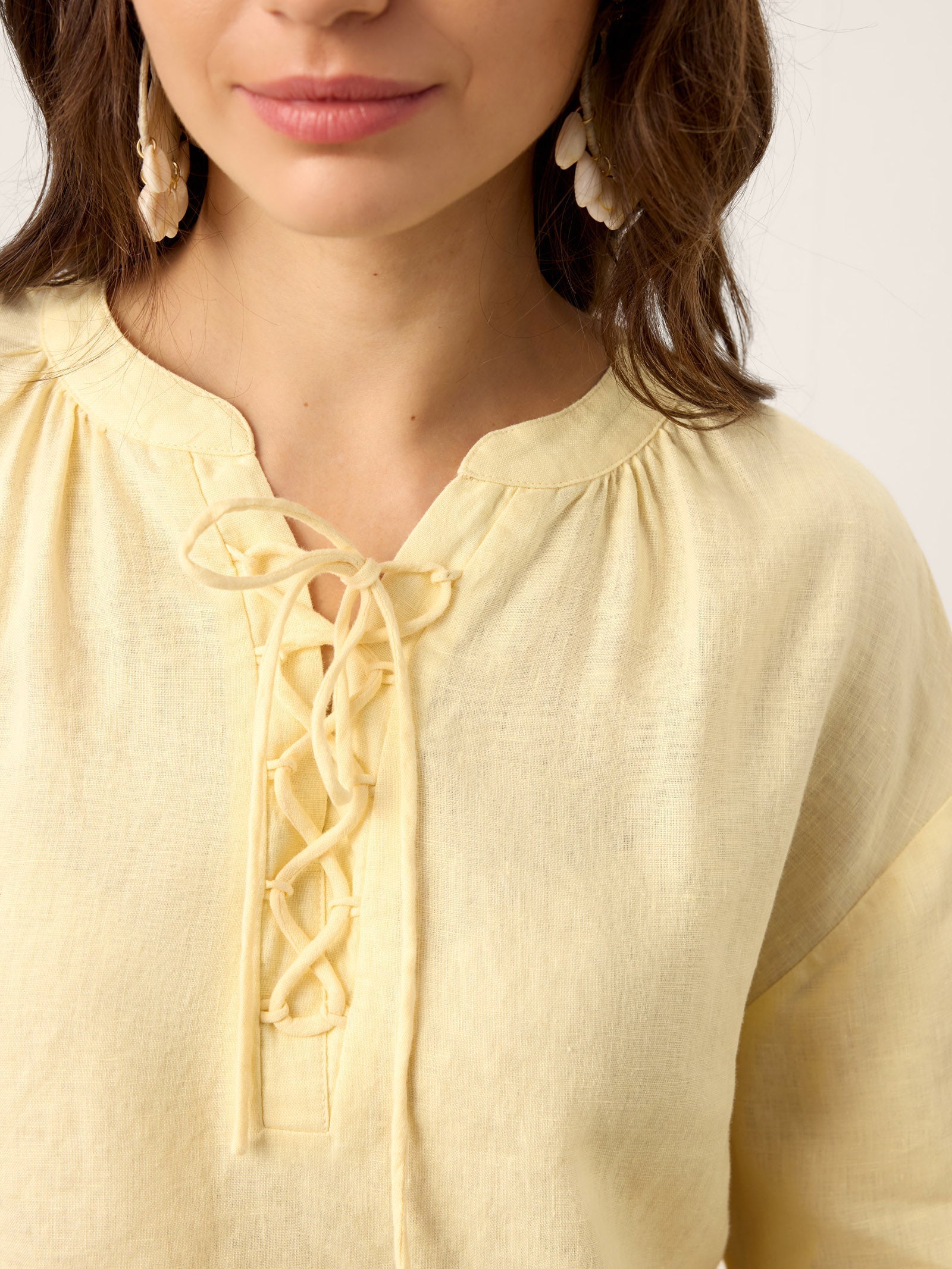 100% Linen Lace-Up Shirred Lantern Sleeve Blouse DOROTHEA DestGlow