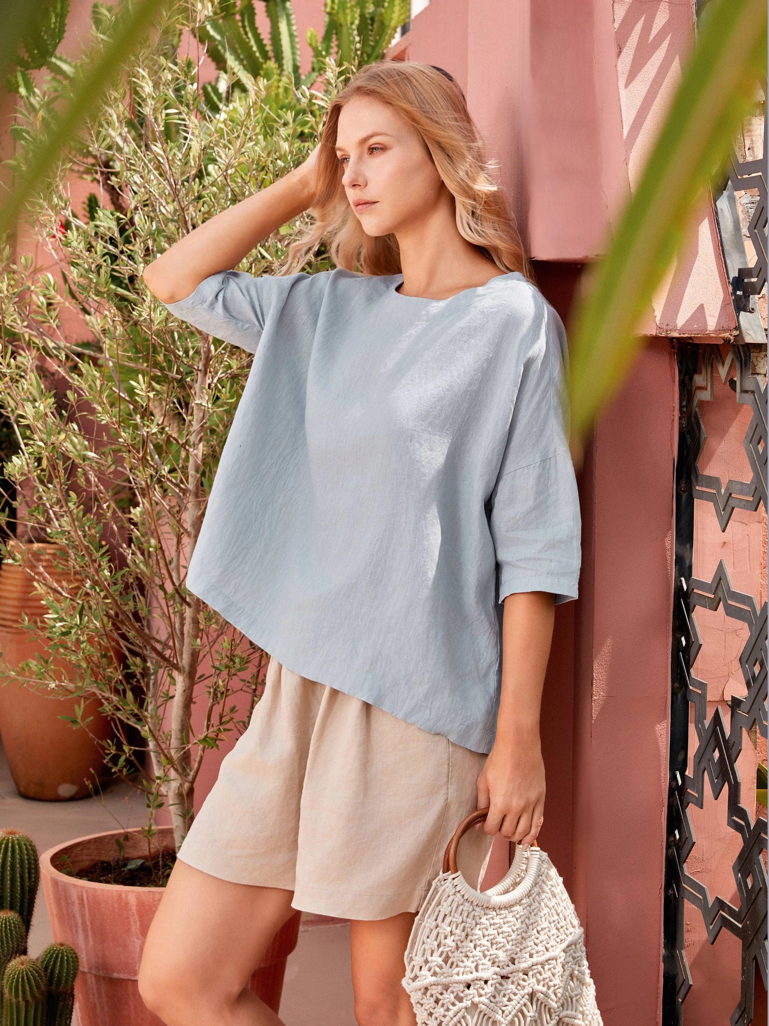 100% Linen Boatneck 3/4 Length Sleeve Top AURORA by LINTICO