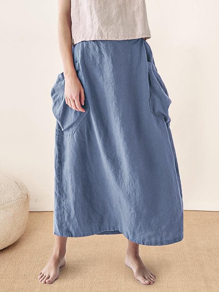 Linen Checked Elastic Waist Skirt MARINA