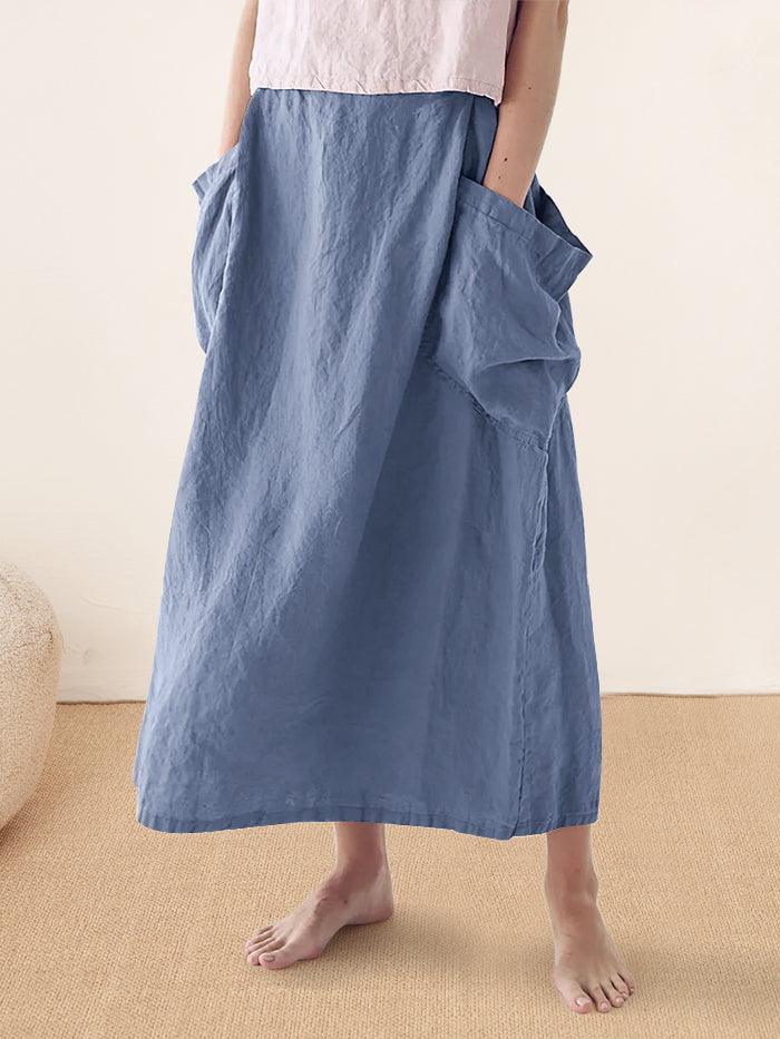 Linen Checked Elastic Waist Skirt MARINA