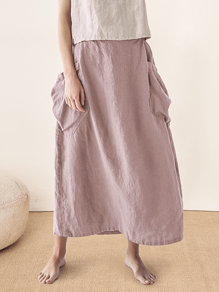 Linen Checked Elastic Waist Skirt MARINA