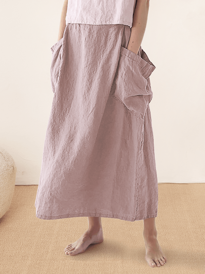 Linen Checked Elastic Waist Skirt MARINA