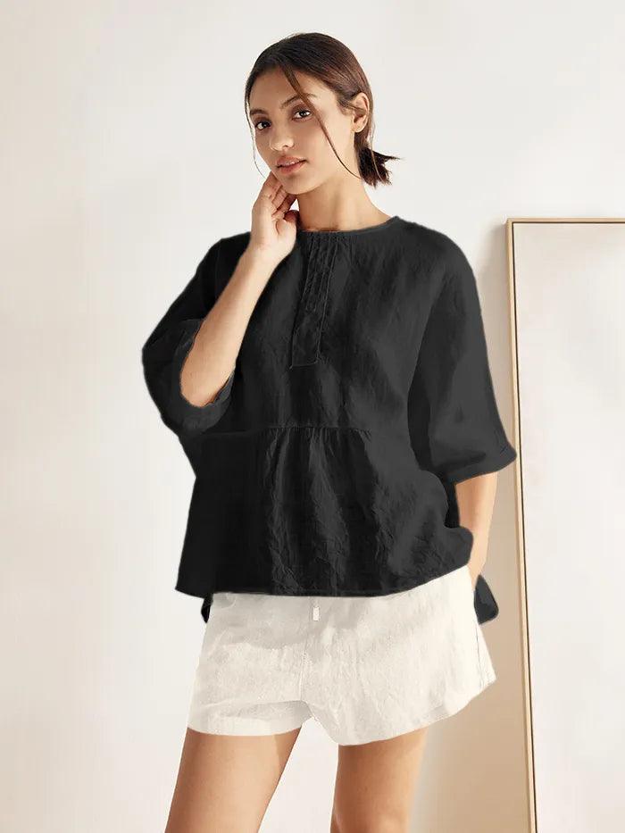 100% Linen Round Neck Mid-Sleeve Top ROBYN by LINTICO