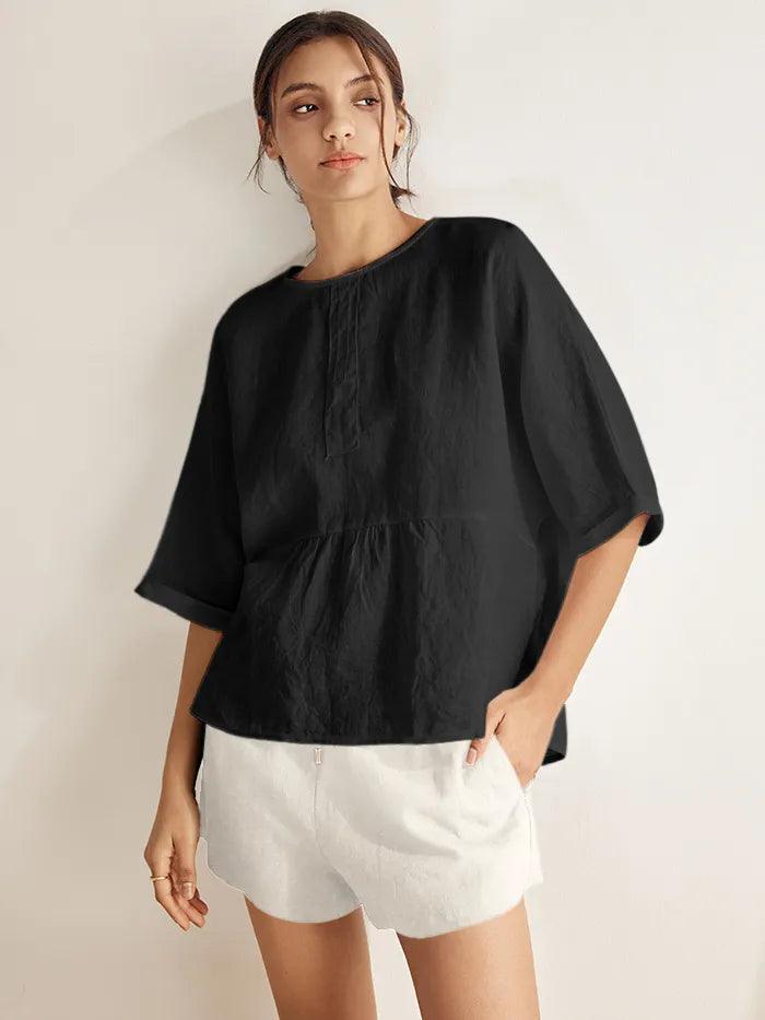 100% Linen Round Neck Mid-Sleeve Top ROBYN by LINTICO