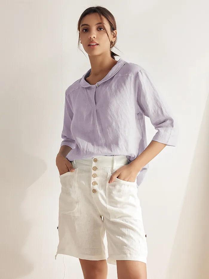 100% Linen Stripe Shawl V-Neck Half Sleeve Top by LINTICO