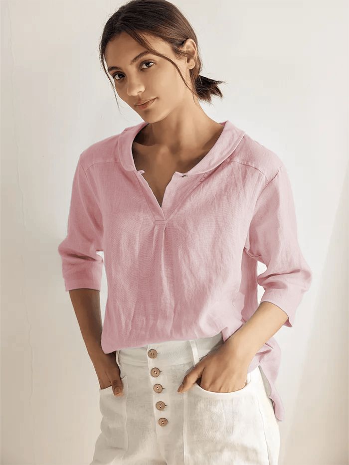 100% Linen Stripe Shawl V-Neck Half Sleeve Top by LINTICO