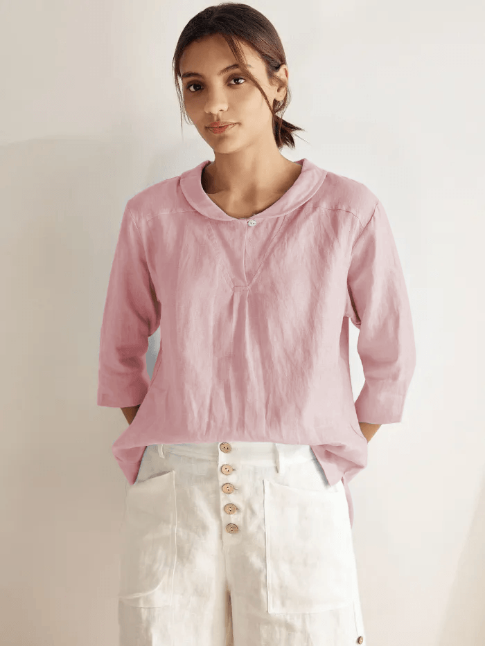 100% Linen Shawl V-Neck Half Sleeve Top JADE by LINTICO