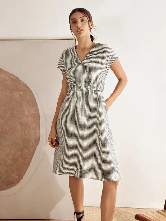100% Linen Striped Elastic-Waist Mini Dress ARIA by LINTICO