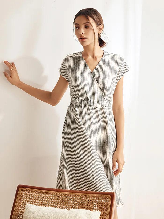 100% Linen Striped Elastic-Waist Mini Dress ARIA by LINTICO