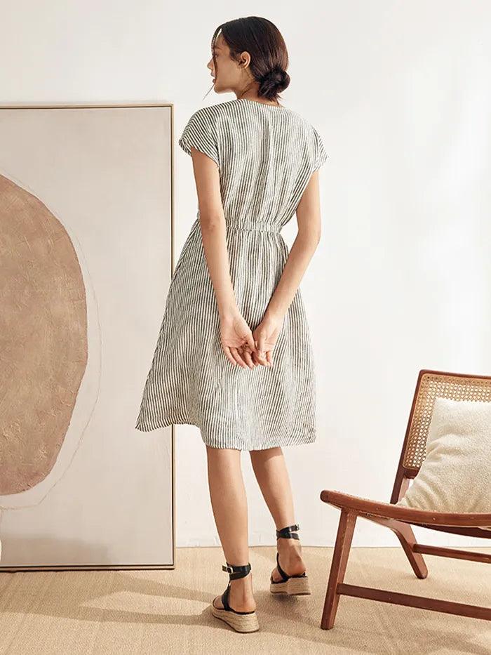 100% Linen Striped Elastic-Waist Mini Dress ARIA by LINTICO