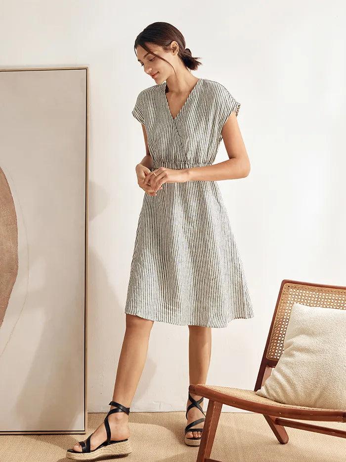 100% Linen Striped Elastic-Waist Mini Dress ARIA by LINTICO