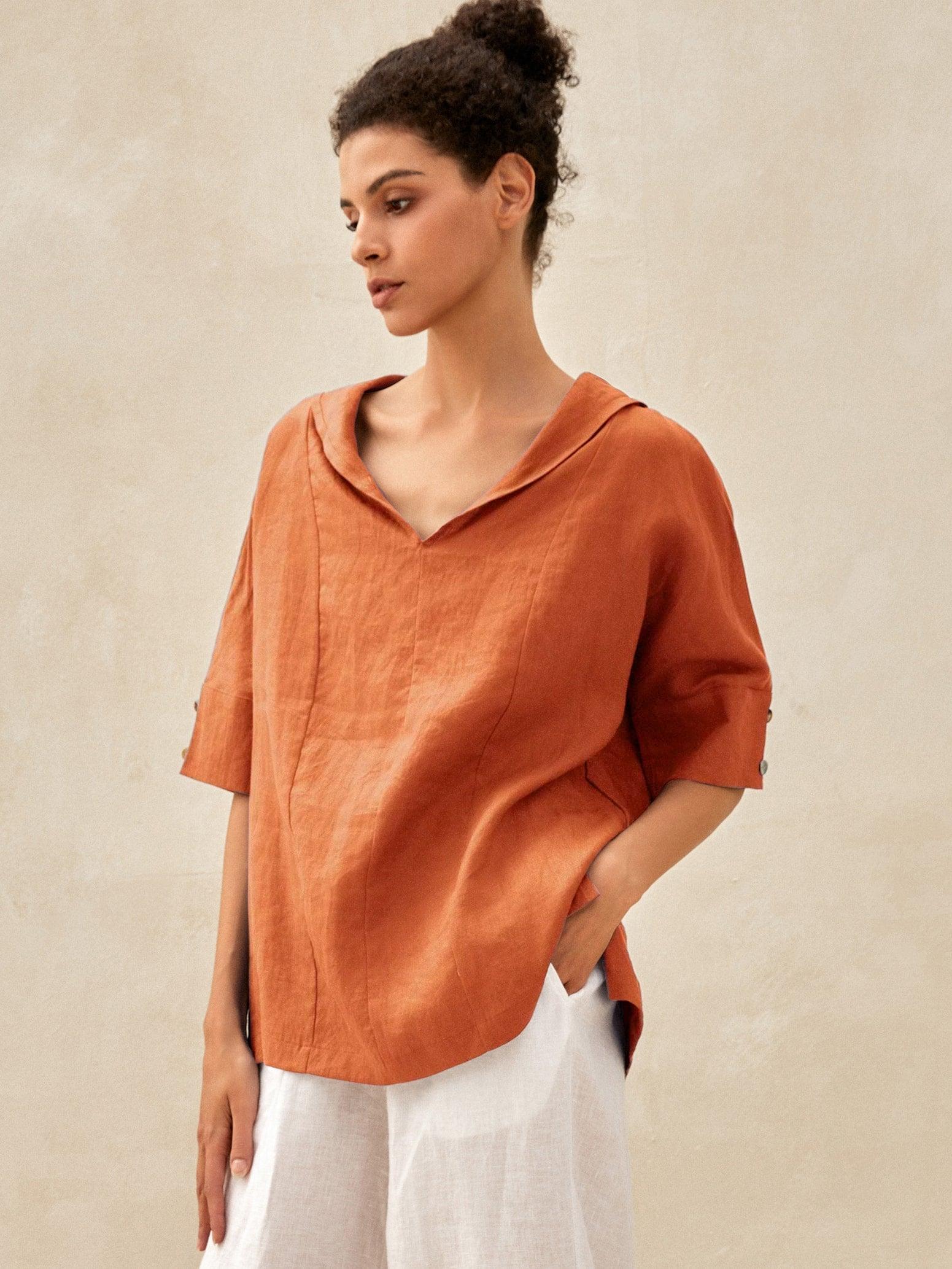 Linen V-Neck Short-Sleeve Shirt SIERRA DestGlow