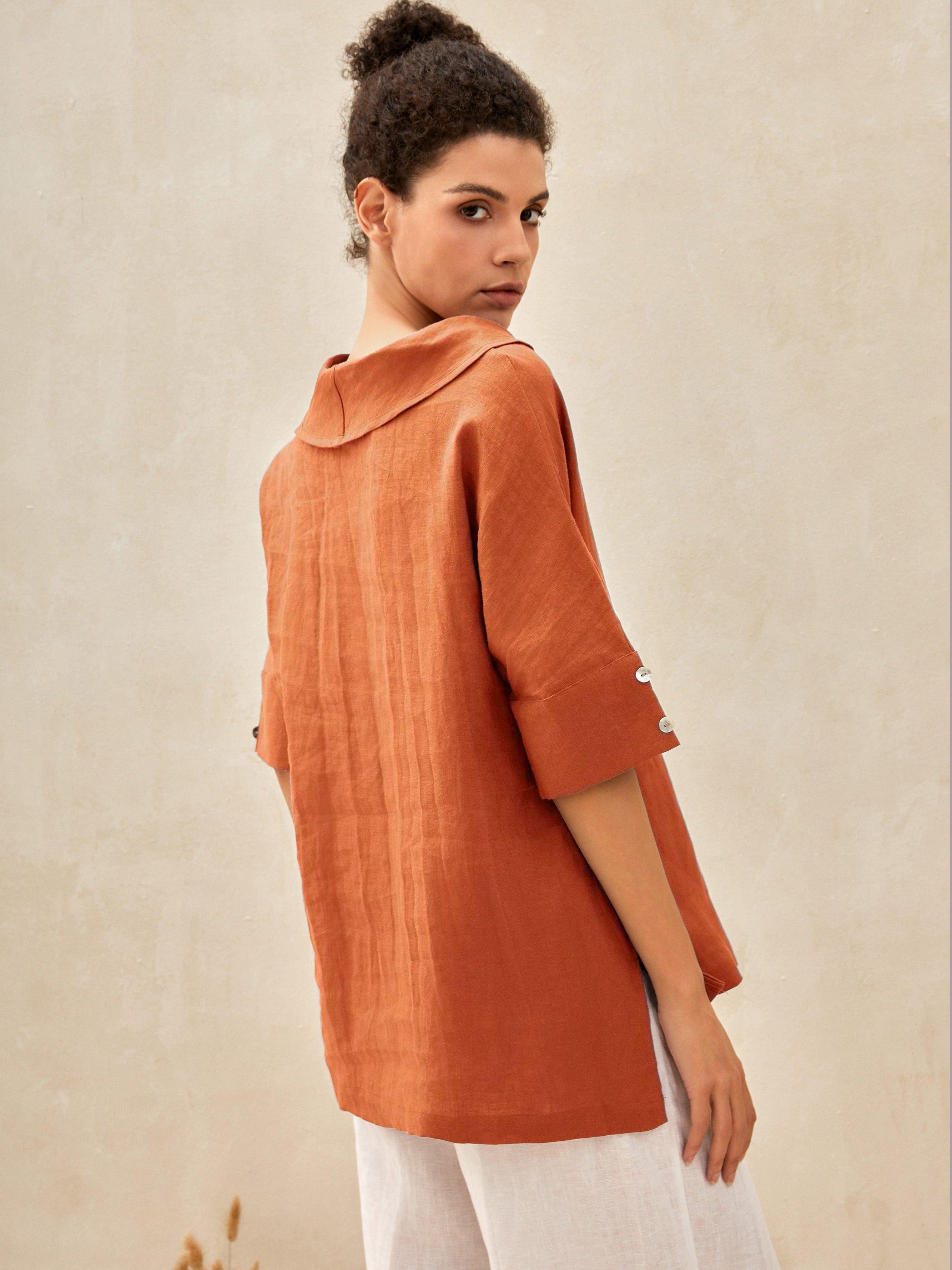 Linen V-Neck Short-Sleeve Shirt SIERRA DestGlow