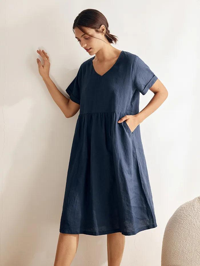 100% Linen V-Neck Waist Ruched Pocket Dress CHARLOTTE by LINTICO