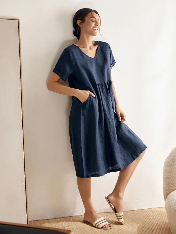 100% Linen V-Neck Waist Ruched Pocket Dress CHARLOTTE by LINTICO