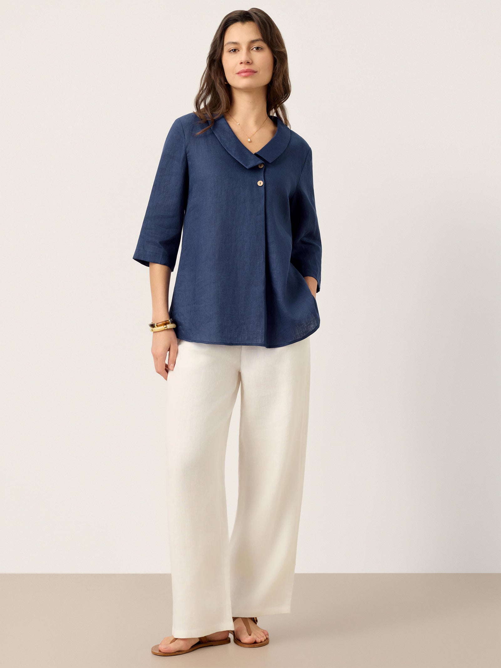 100% Linen Asymmetric Collar Inverted Pleat Top OTTILIE DestGlow
