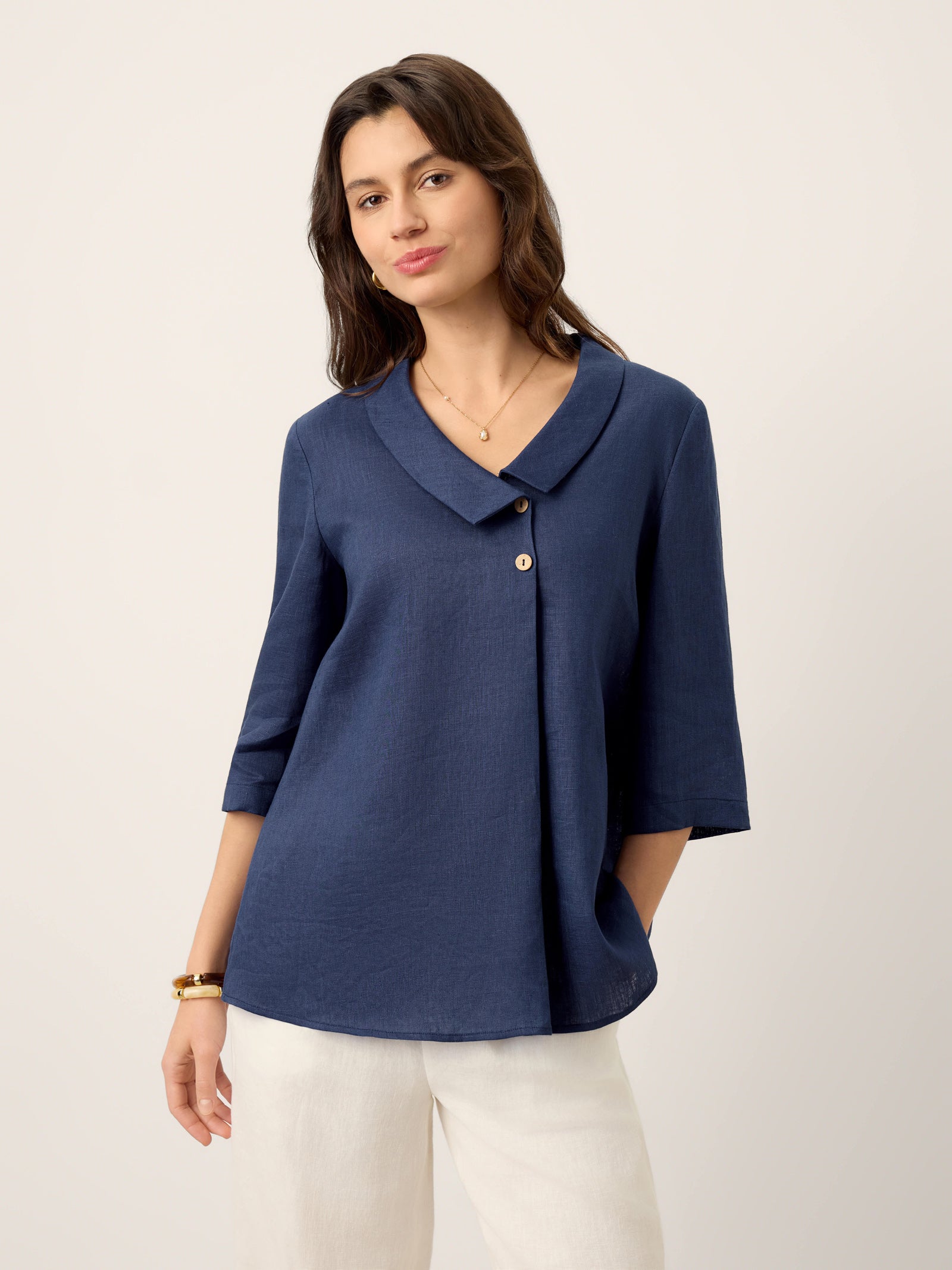 100% Linen Asymmetric Collar Inverted Pleat Top OTTILIE DestGlow