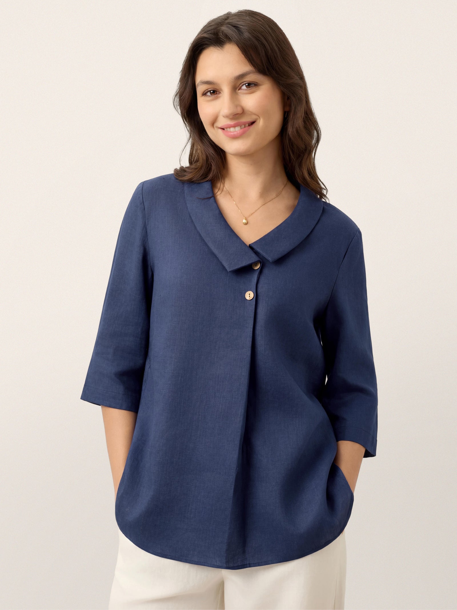 100% Linen Asymmetric Collar Inverted Pleat Top OTTILIE DestGlow
