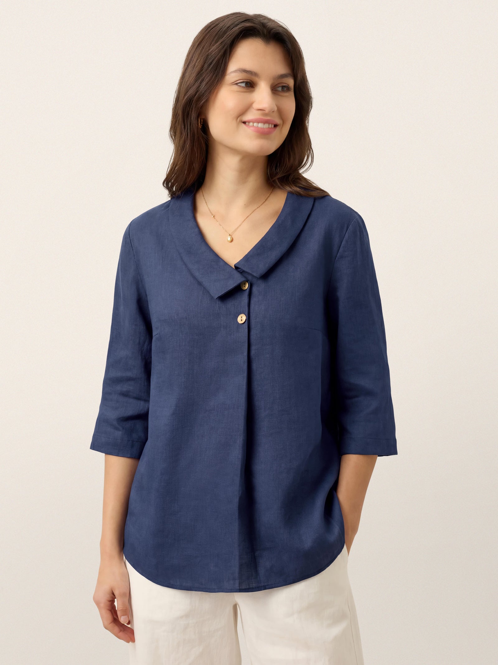 100% Linen Asymmetric Collar Inverted Pleat Top OTTILIE DestGlow