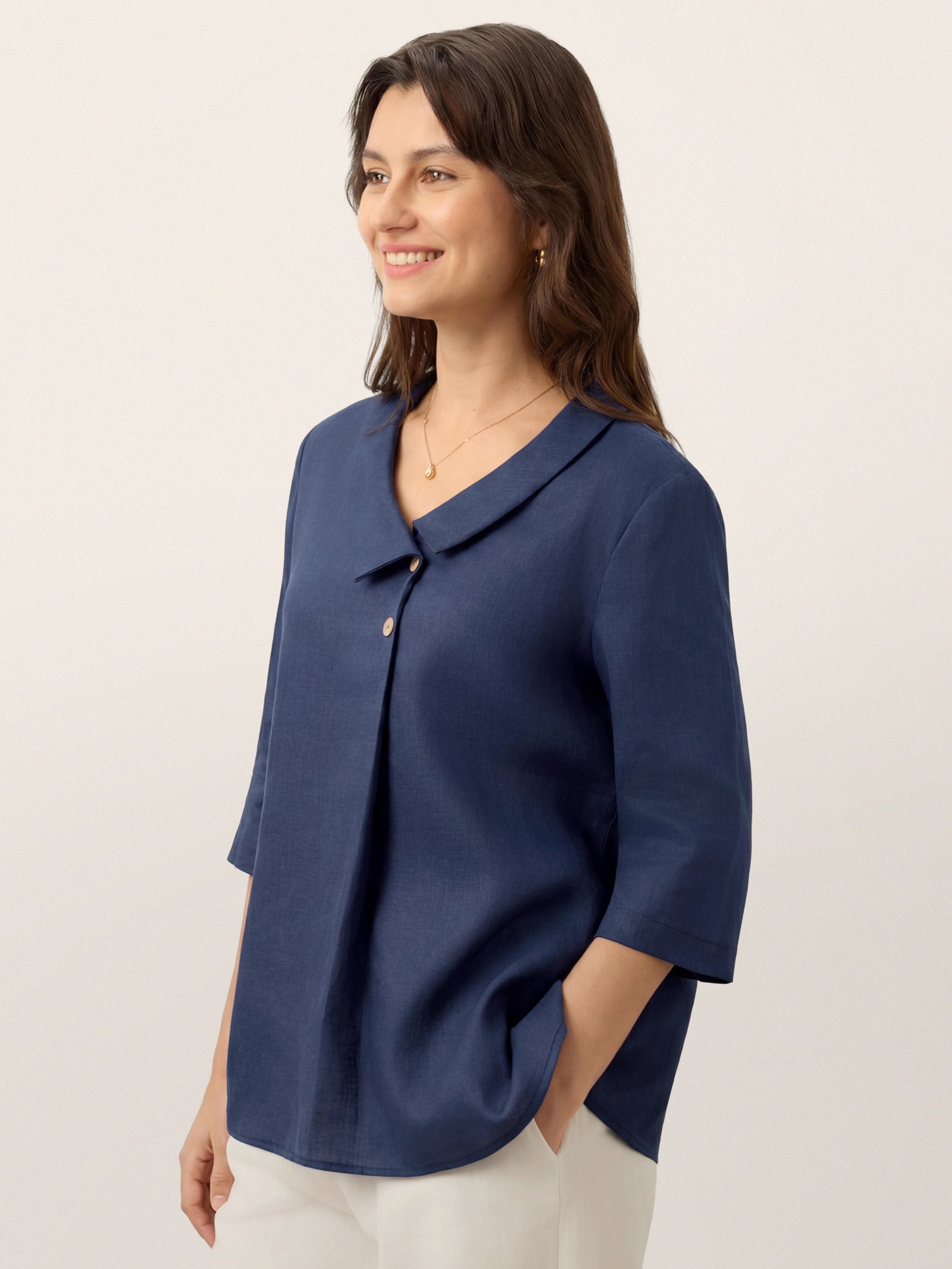 100% Linen Asymmetric Collar Inverted Pleat Top OTTILIE DestGlow