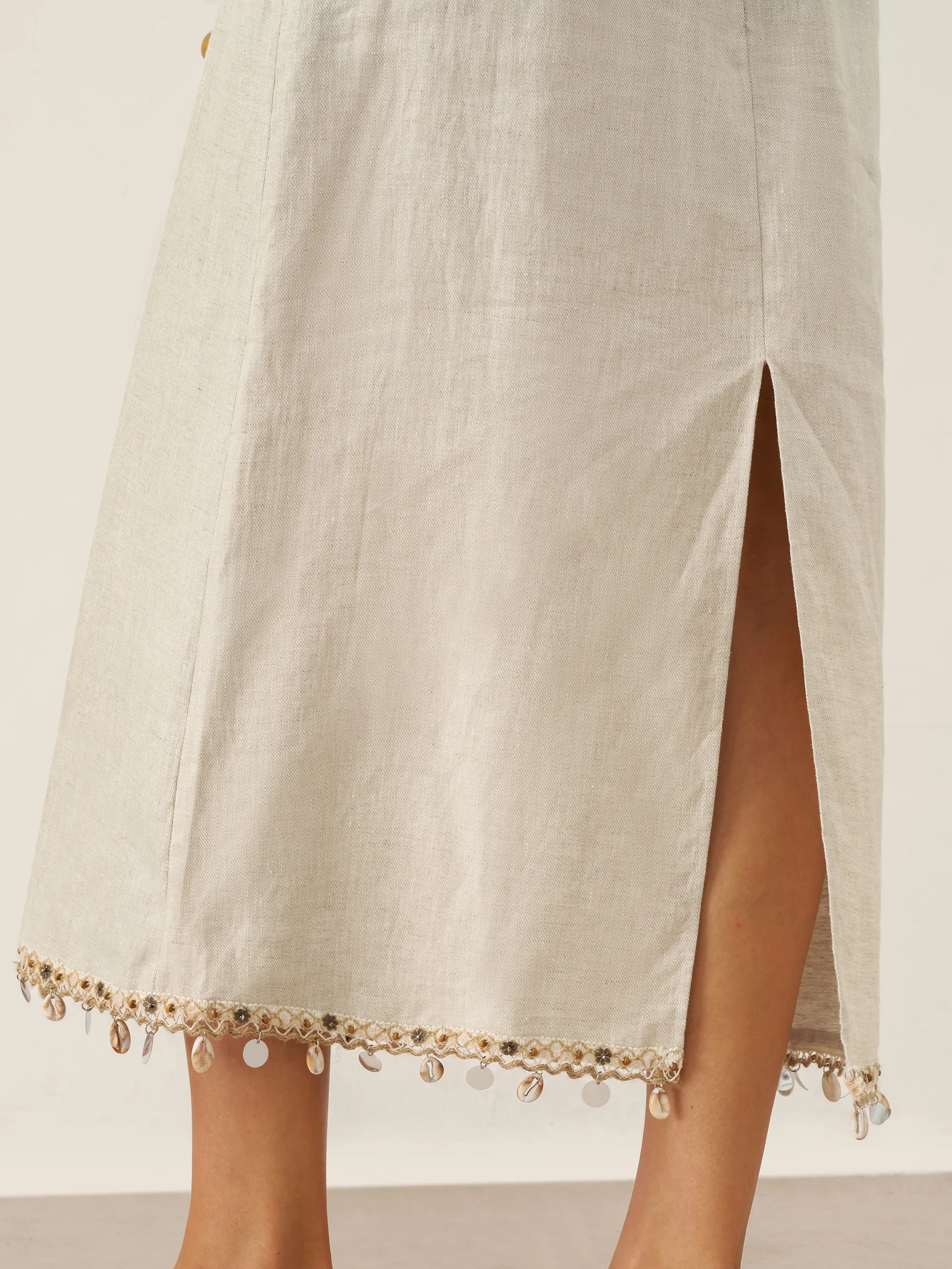 100% Linen Beaded Crew Neck Midi Dress with Belt BELLA by LINTICO