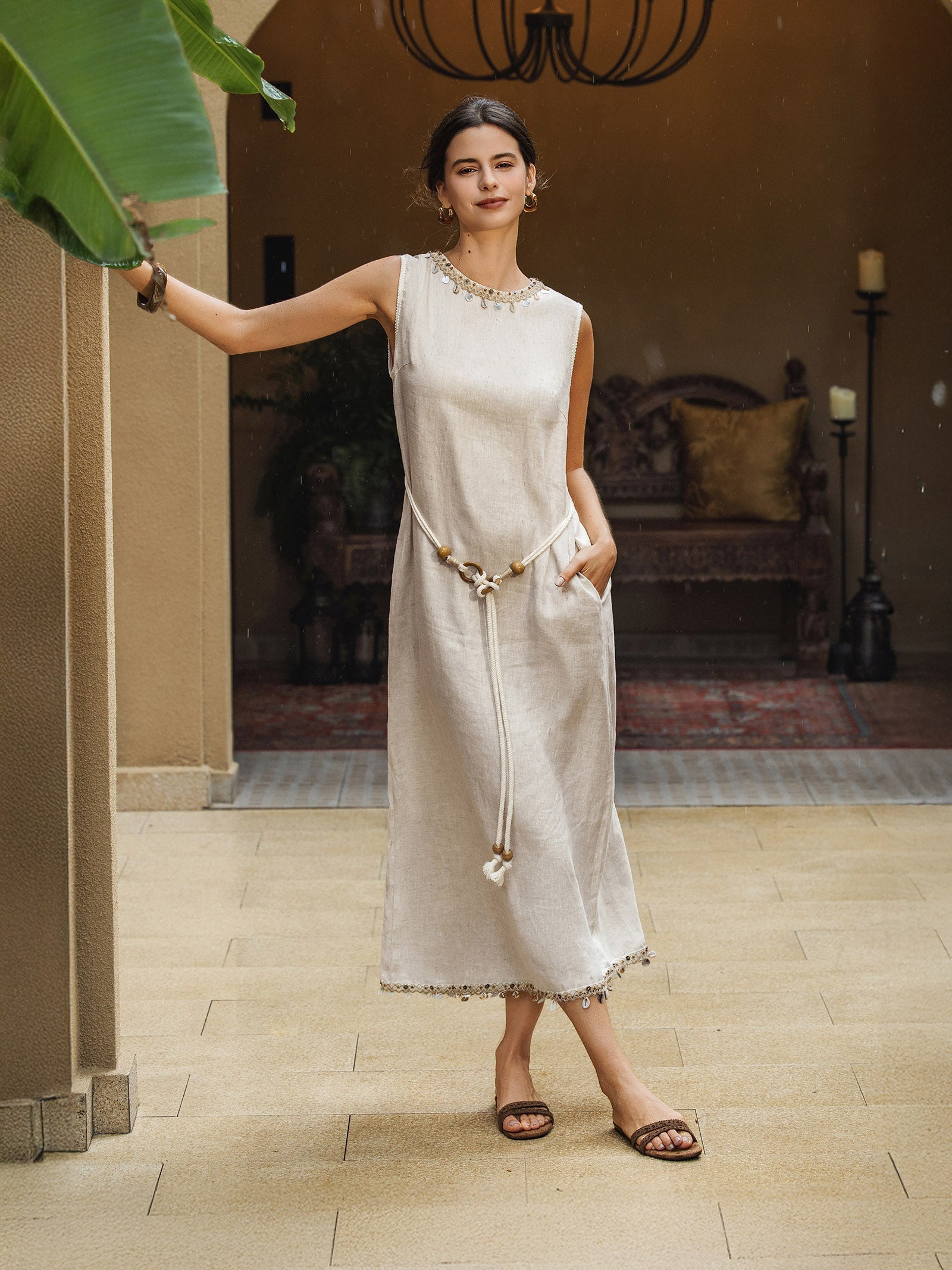 100% Linen Beaded Crew Neck Midi Dress with Belt BELLA by LINTICO