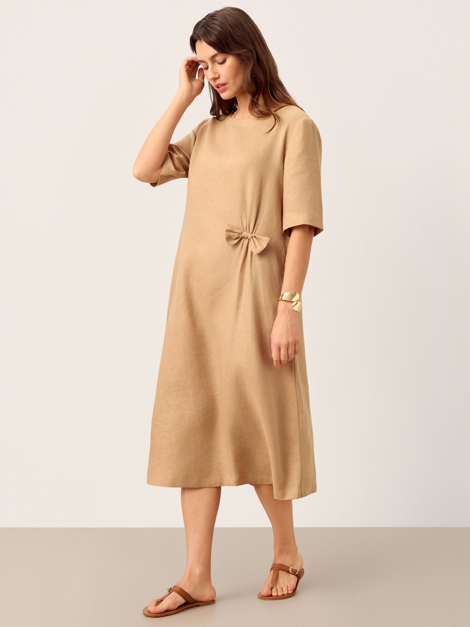 100% Linen Side-Gathered Bow Maxi Dress ESMERALDA by LINTICO