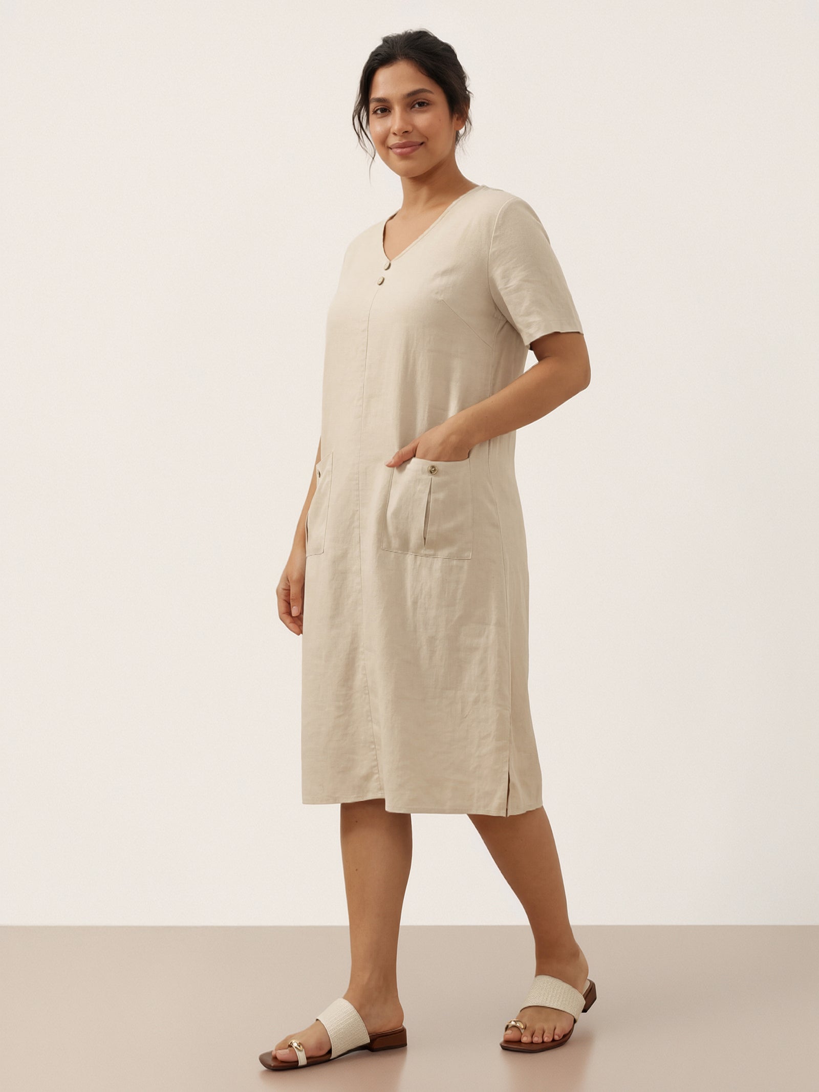 100% Linen Button Front V-Neck Midi Dress NOA by LINTICO