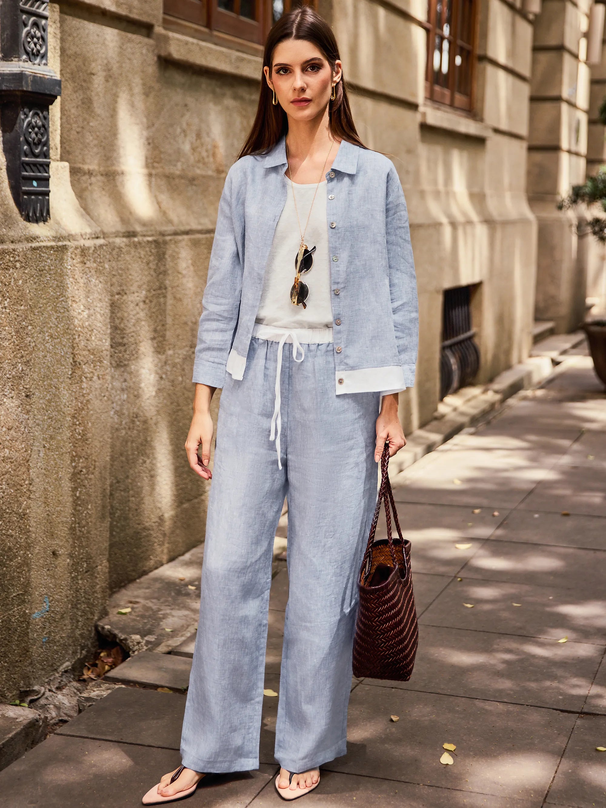 100% Linen Elastic Waist Straight-Leg Trousers JOURDAN by LINTICO