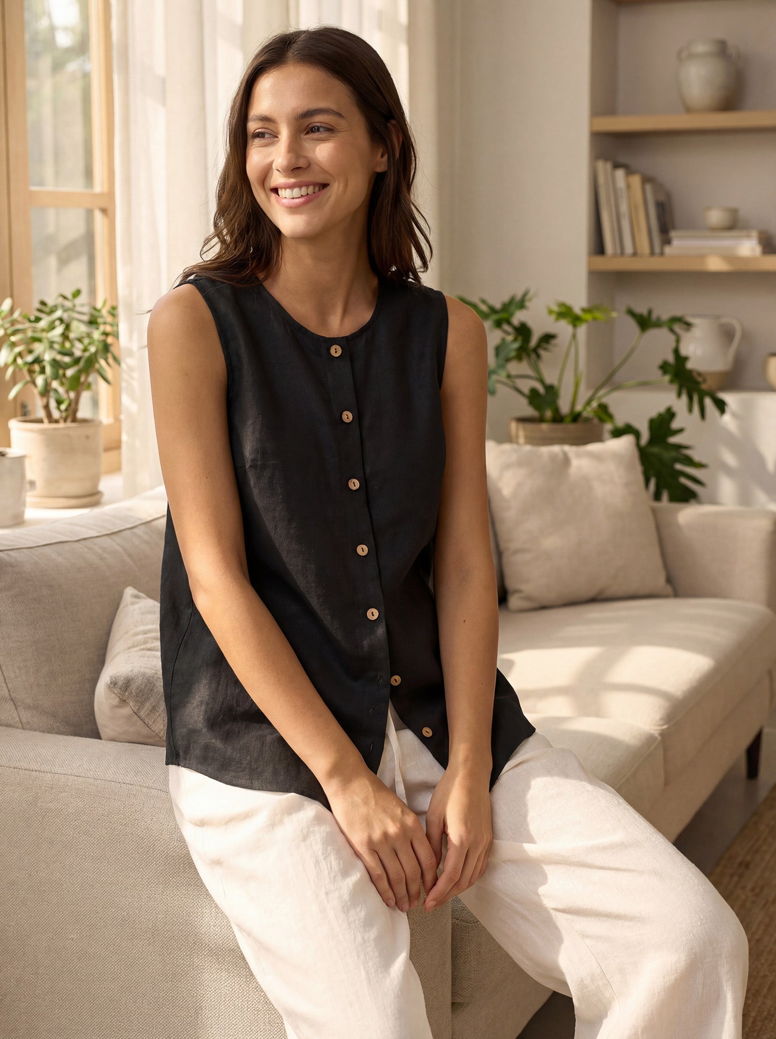 100% Linen Buttons Down Tank Top ERIN DestGlow
