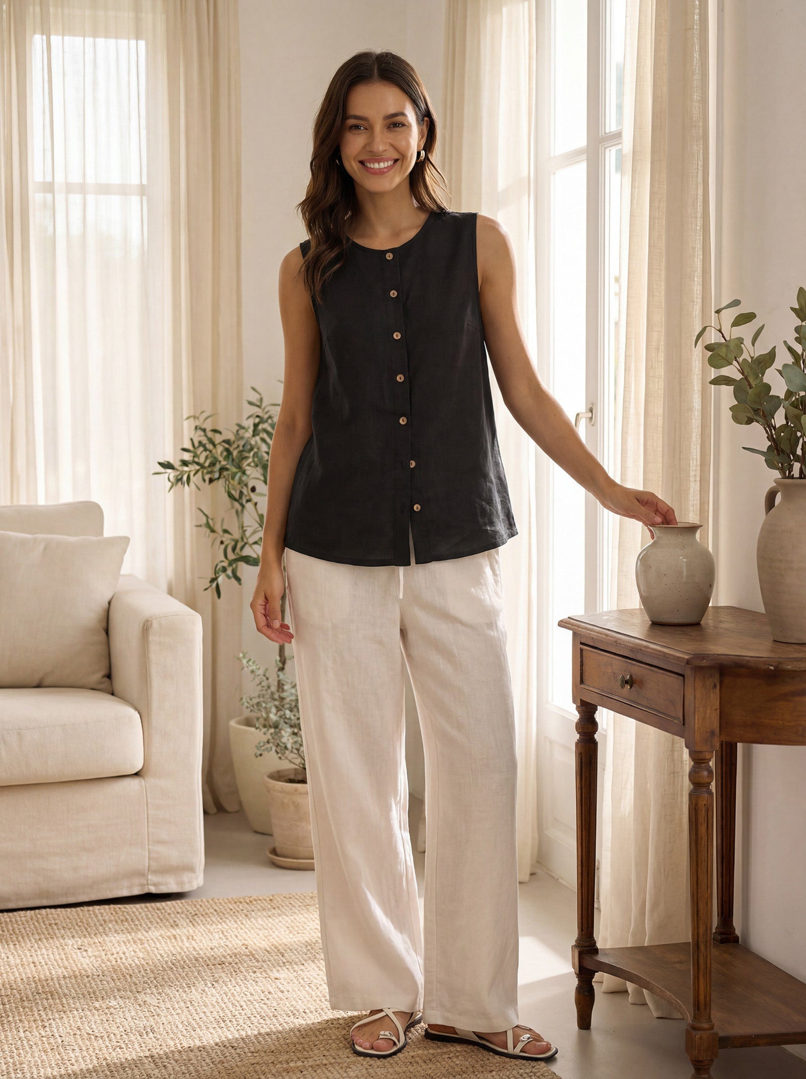 100% Linen Buttons Down Tank Top ERIN DestGlow