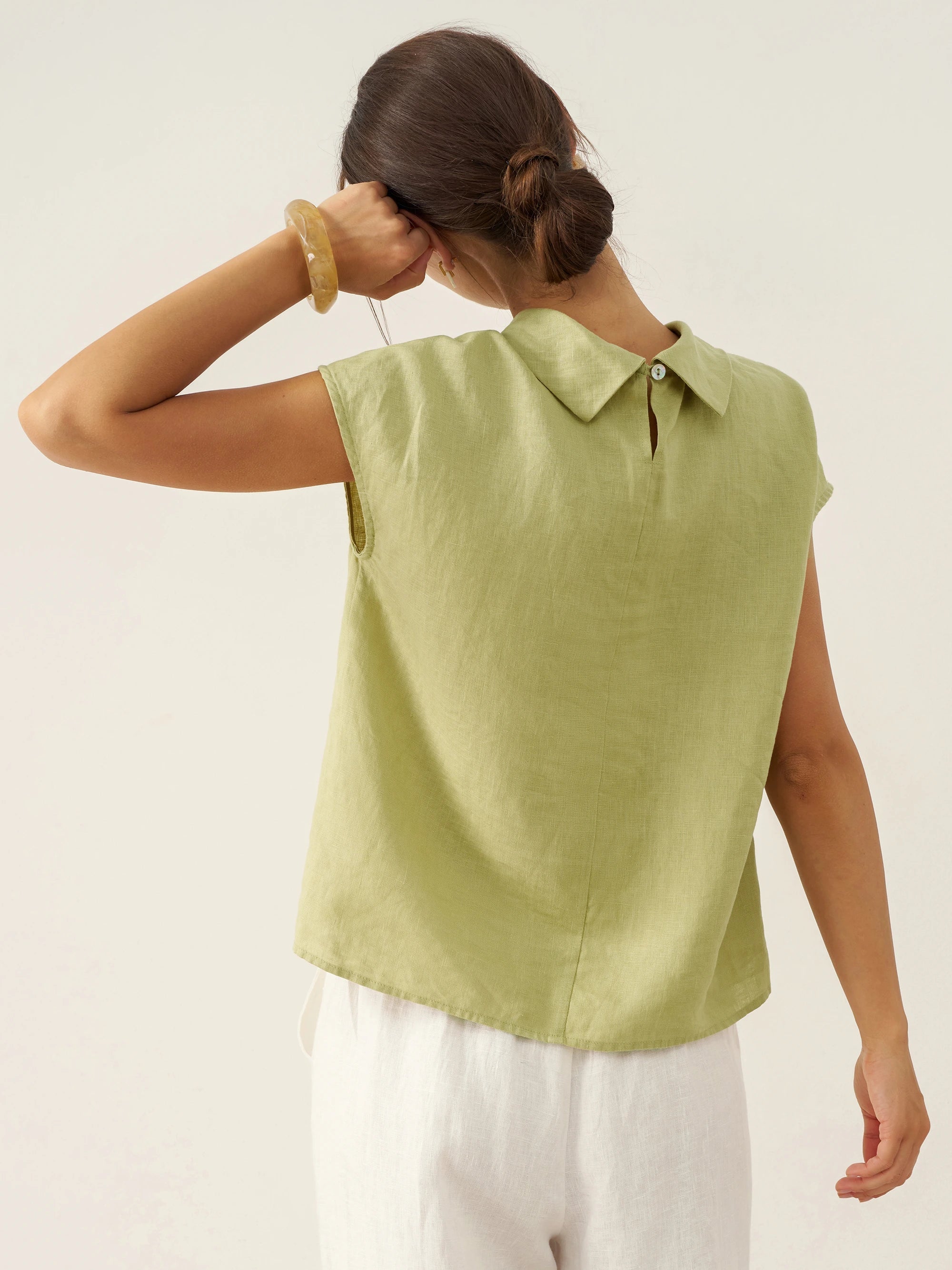 100% Linen Cap Sleeve Soft-Fold Collar Top YVONNE DestGlow