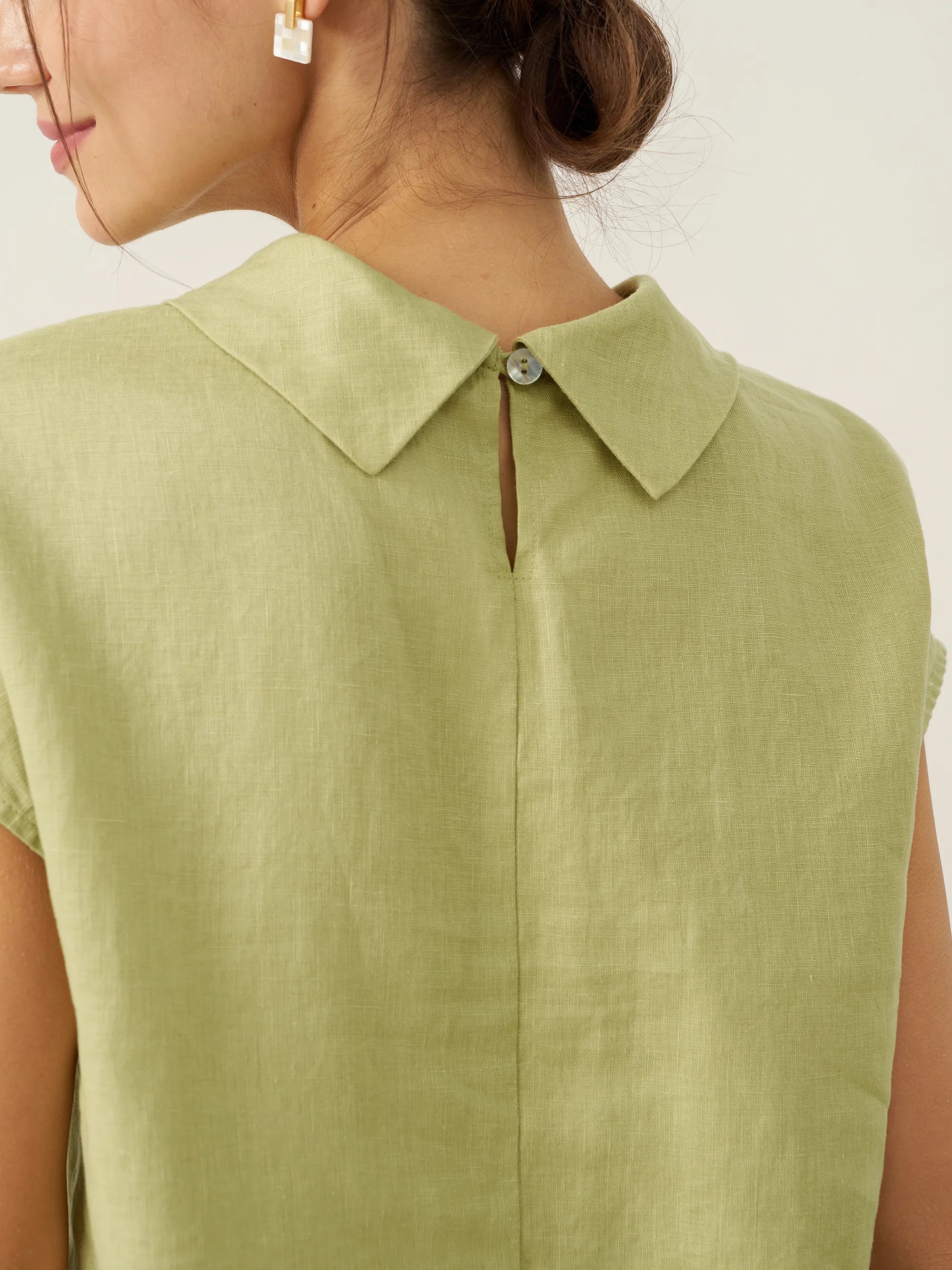 100% Linen Cap Sleeve Soft-Fold Collar Top YVONNE DestGlow