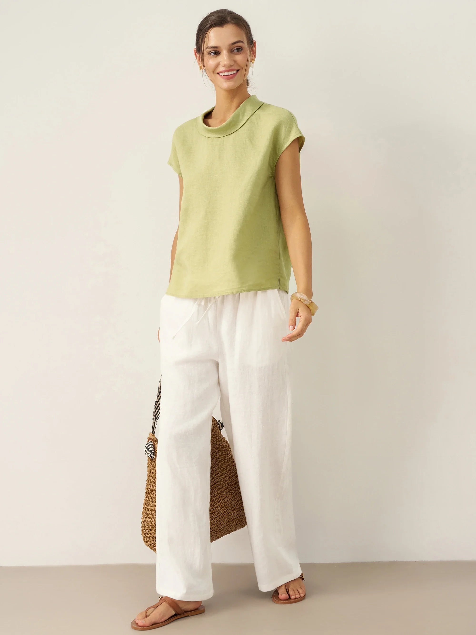 100% Linen Cap Sleeve Soft-Fold Collar Top YVONNE DestGlow