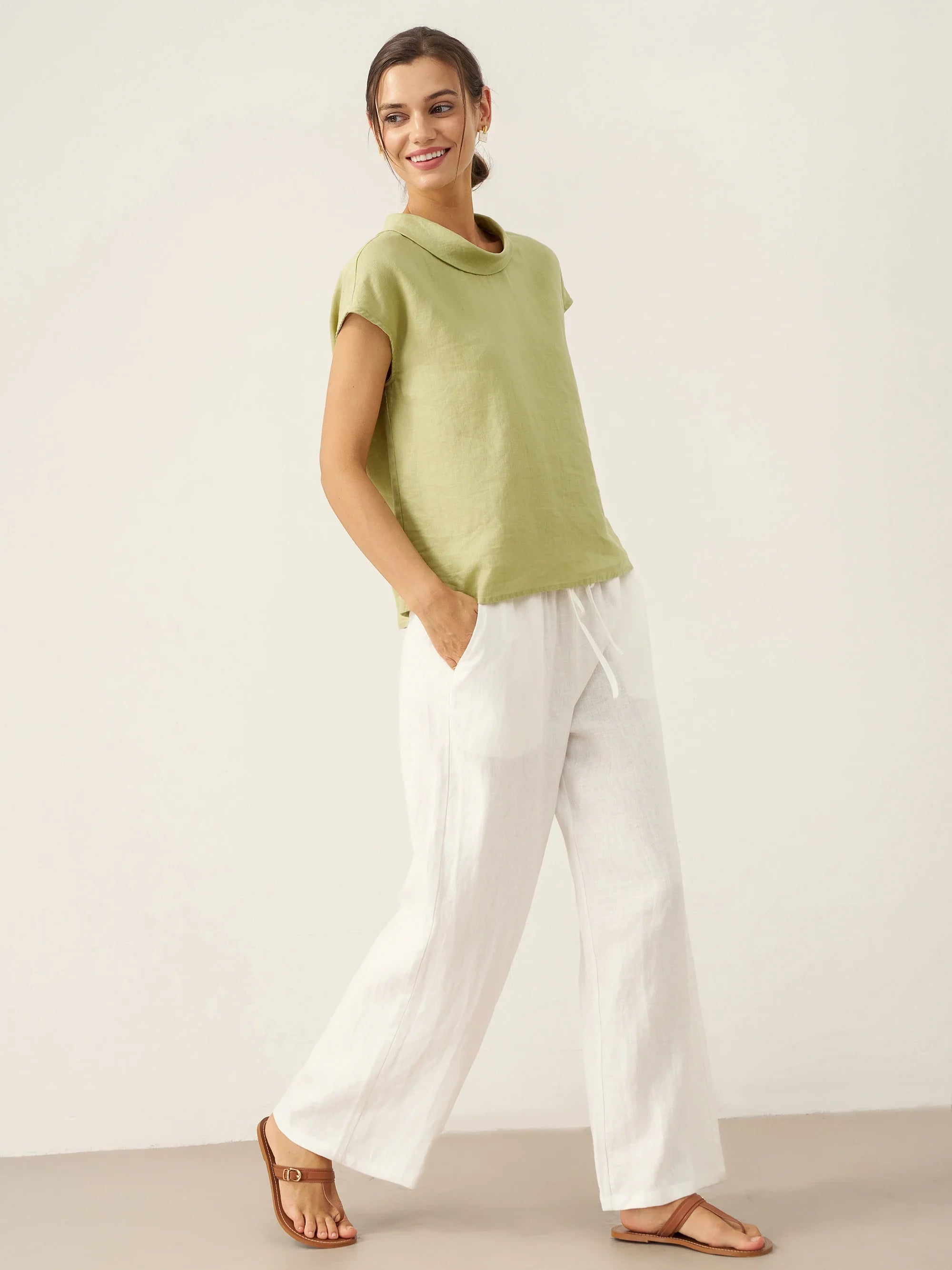 100% Linen Cap Sleeve Soft-Fold Collar Top YVONNE DestGlow