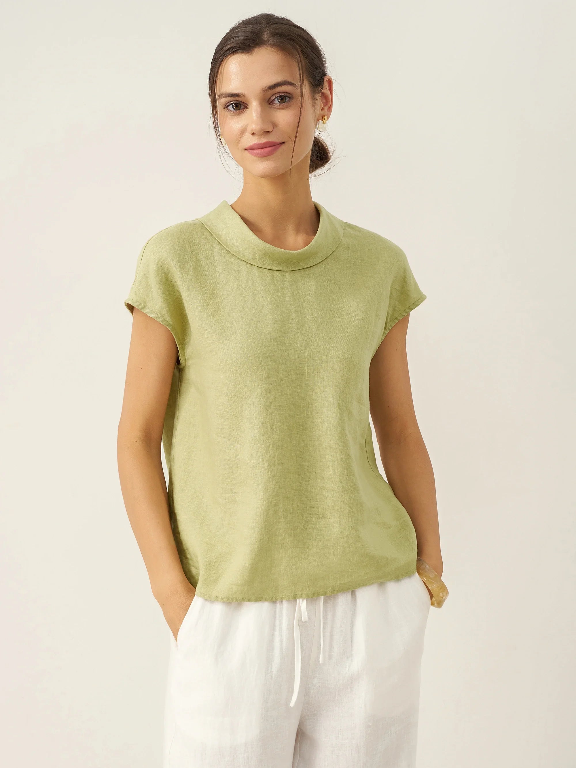 100% Linen Cap Sleeve Soft-Fold Collar Top YVONNE DestGlow