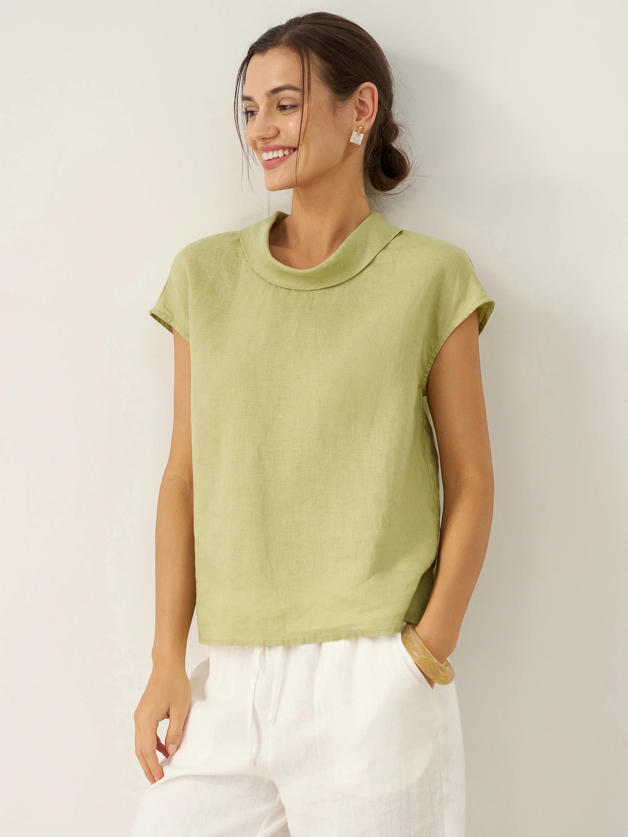 100% Linen Cap Sleeve Soft-Fold Collar Top YVONNE DestGlow