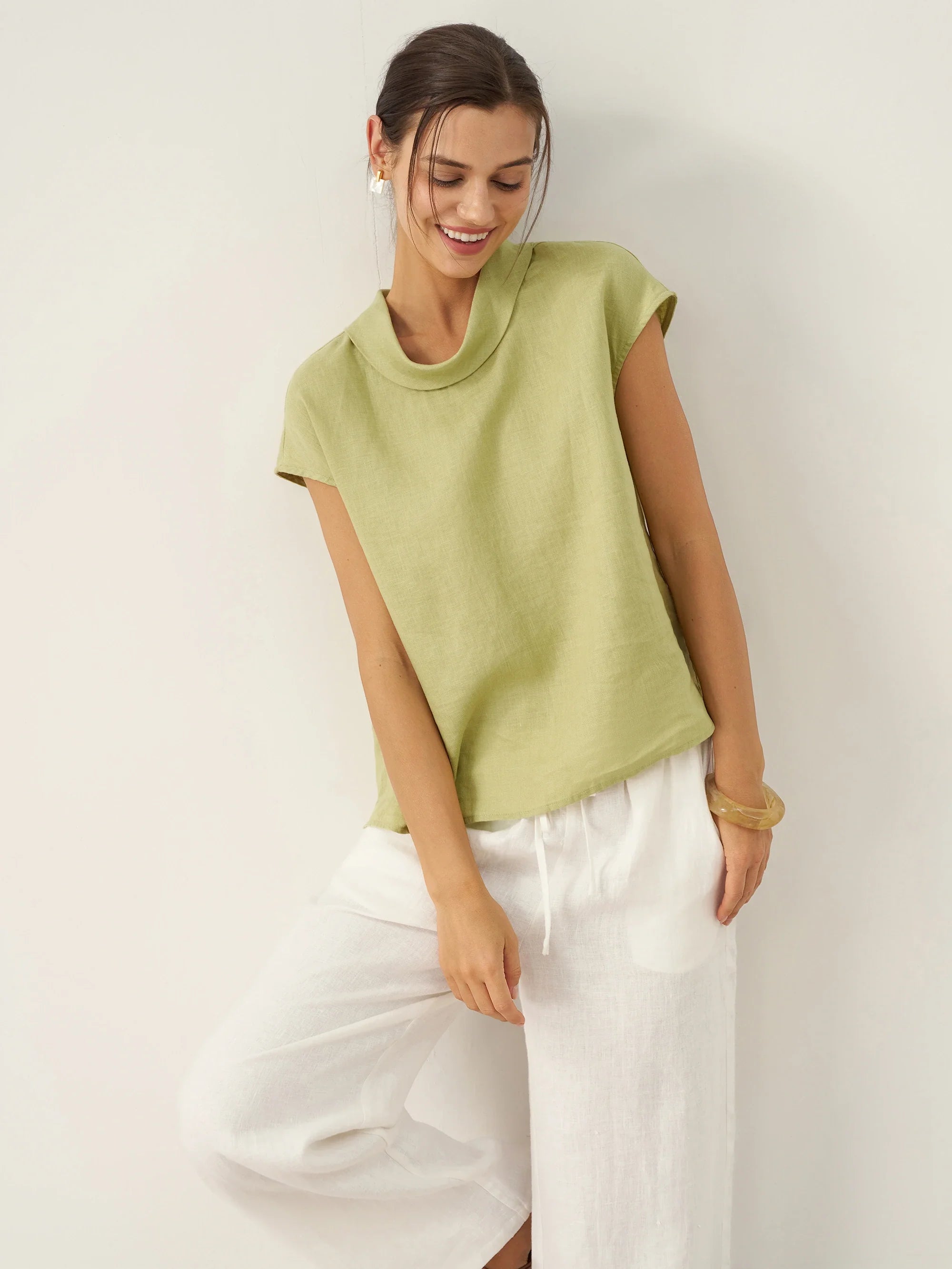 100% Linen Cap Sleeve Soft-Fold Collar Top YVONNE DestGlow