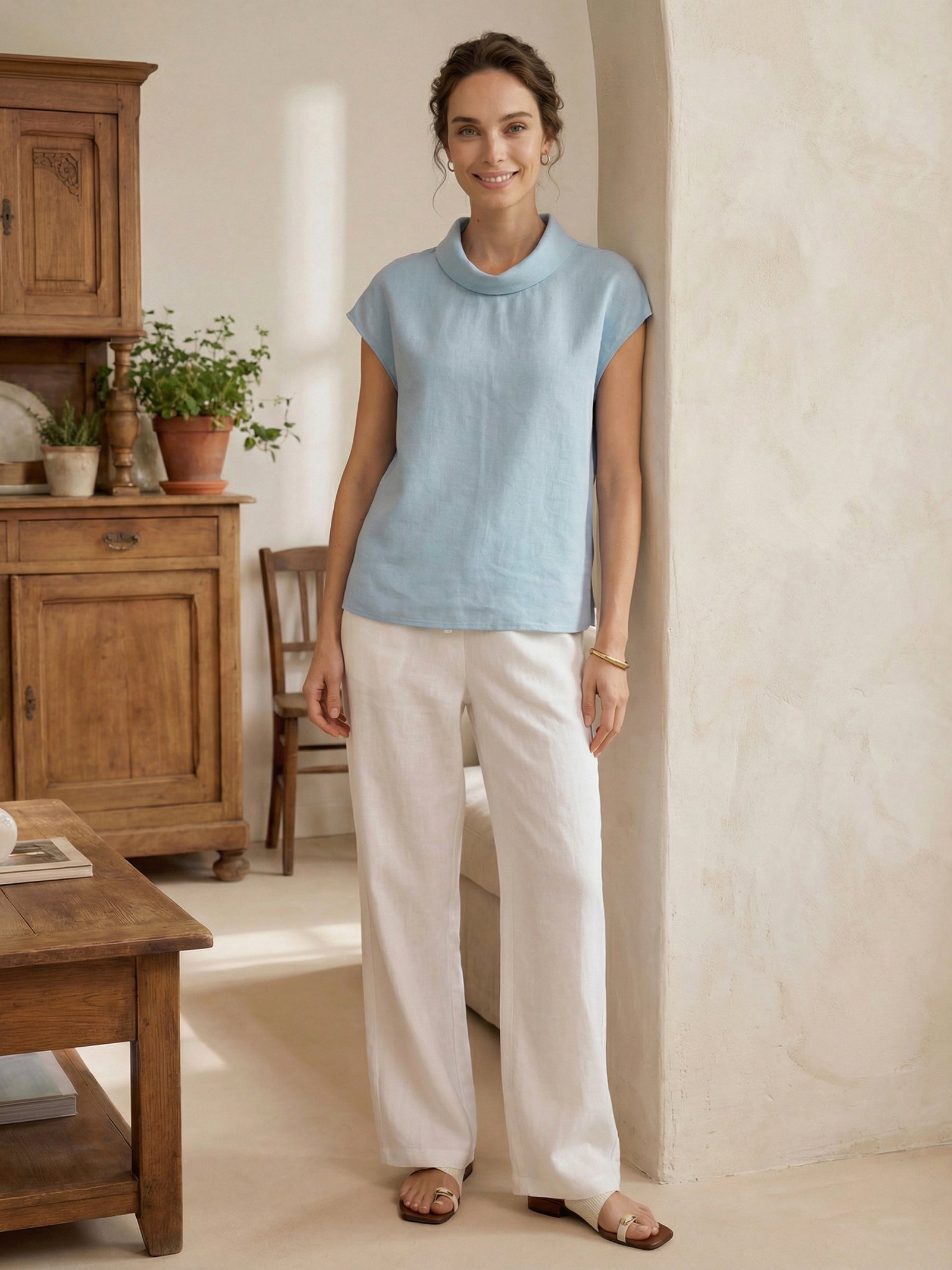 100% Linen Cap Sleeve Soft-Fold Collar Top YVONNE DestGlow