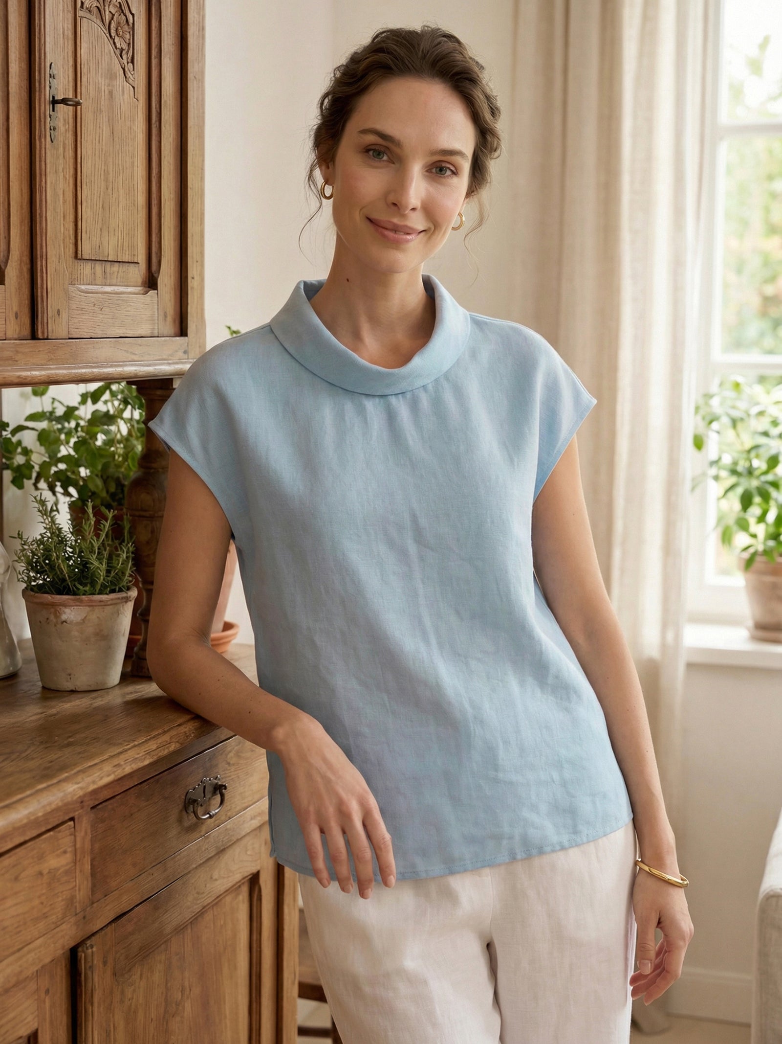 100% Linen Cap Sleeve Soft-Fold Collar Top YVONNE DestGlow