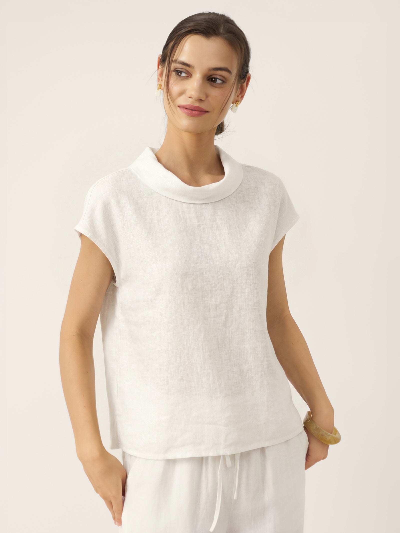 100% Linen Cap Sleeve Soft-Fold Collar Top YVONNE DestGlow