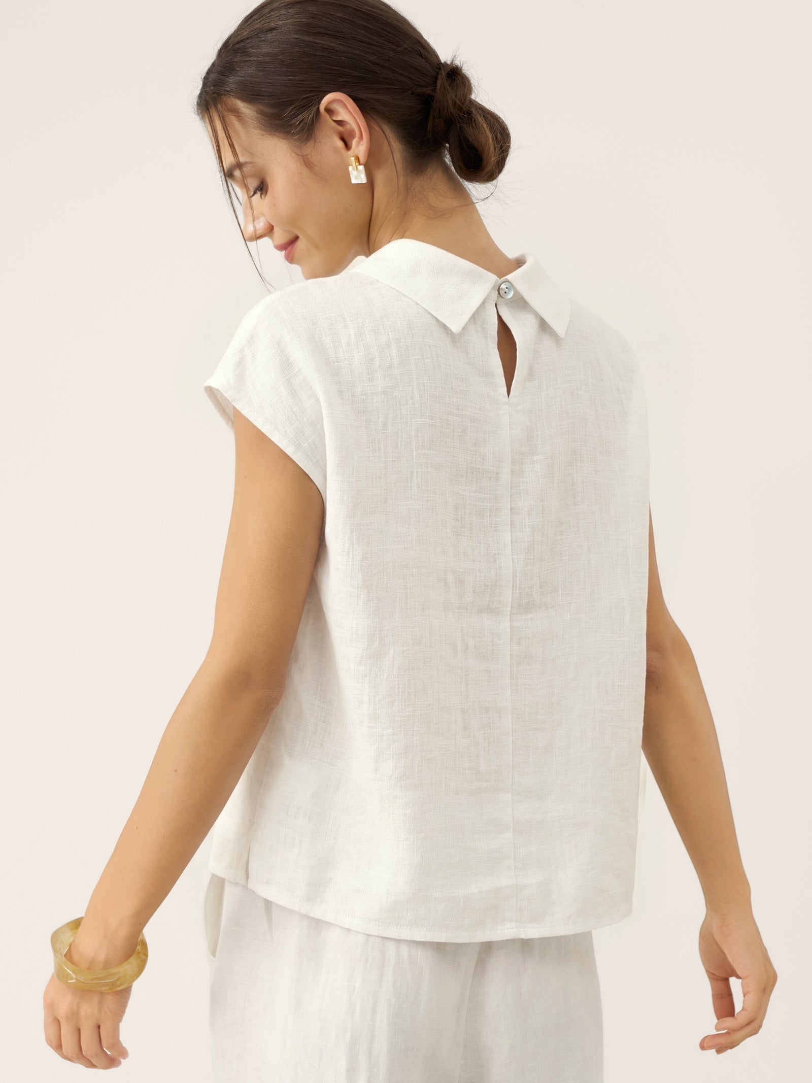 100% Linen Cap Sleeve Soft-Fold Collar Top YVONNE DestGlow