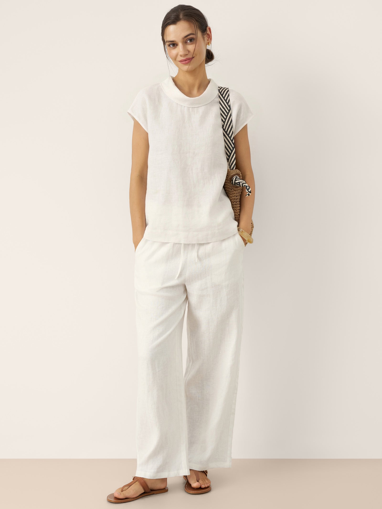 100% Linen Cap Sleeve Soft-Fold Collar Top YVONNE DestGlow