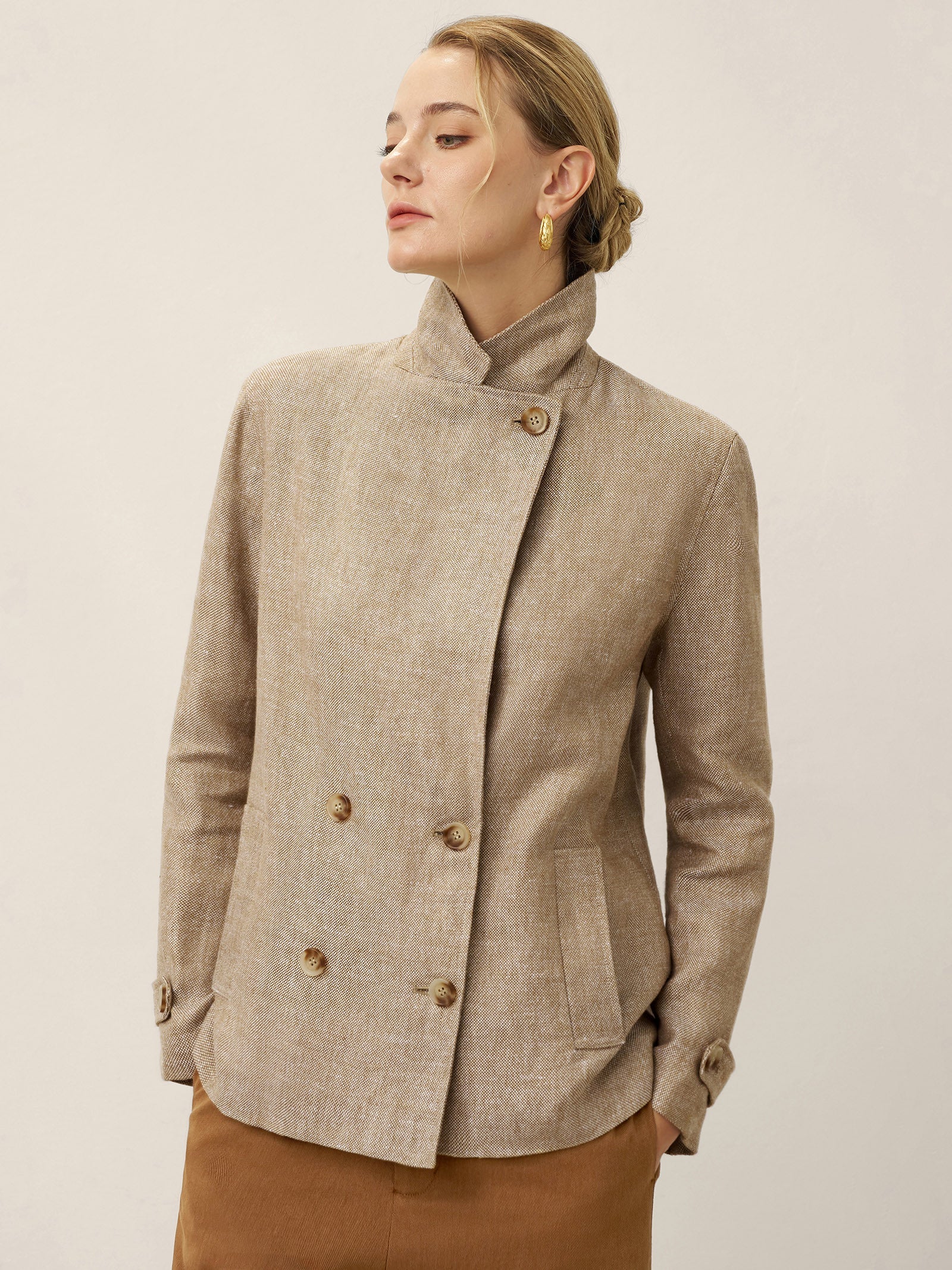 100% Linen Convertible Stand Collar Double Breasted Blazer Jacket NAOMI by LINTICO