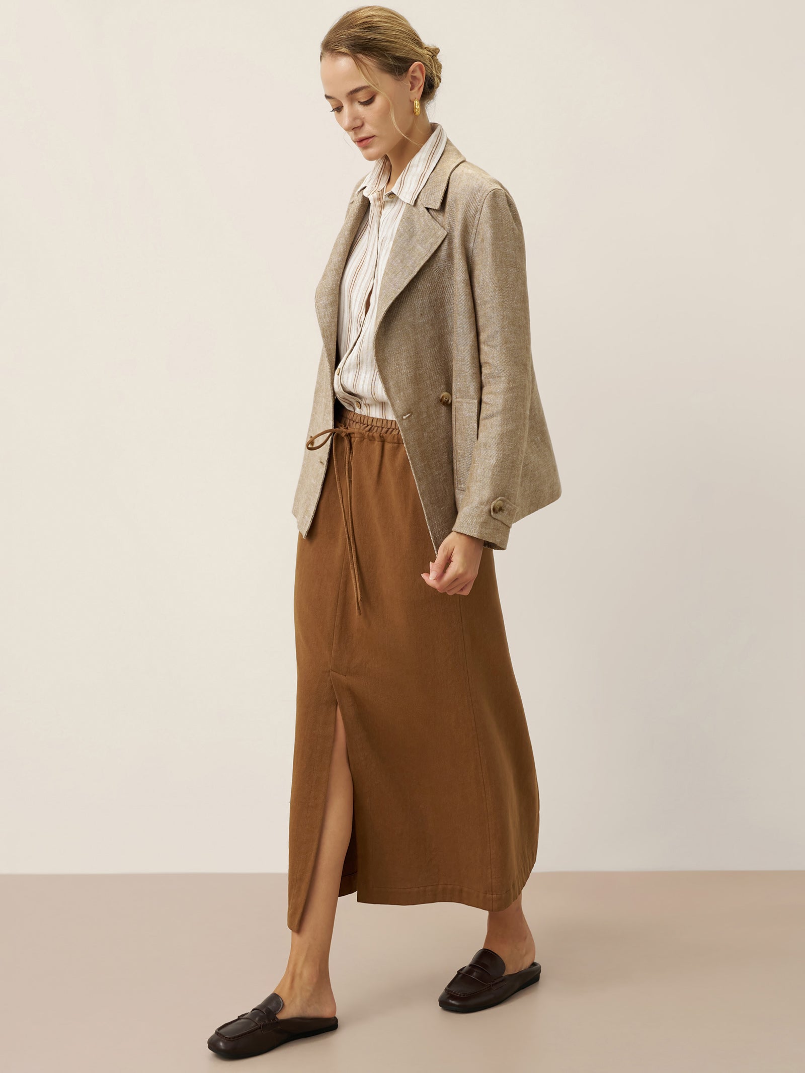 100% Linen Convertible Stand Collar Double Breasted Blazer Jacket NAOMI by LINTICO