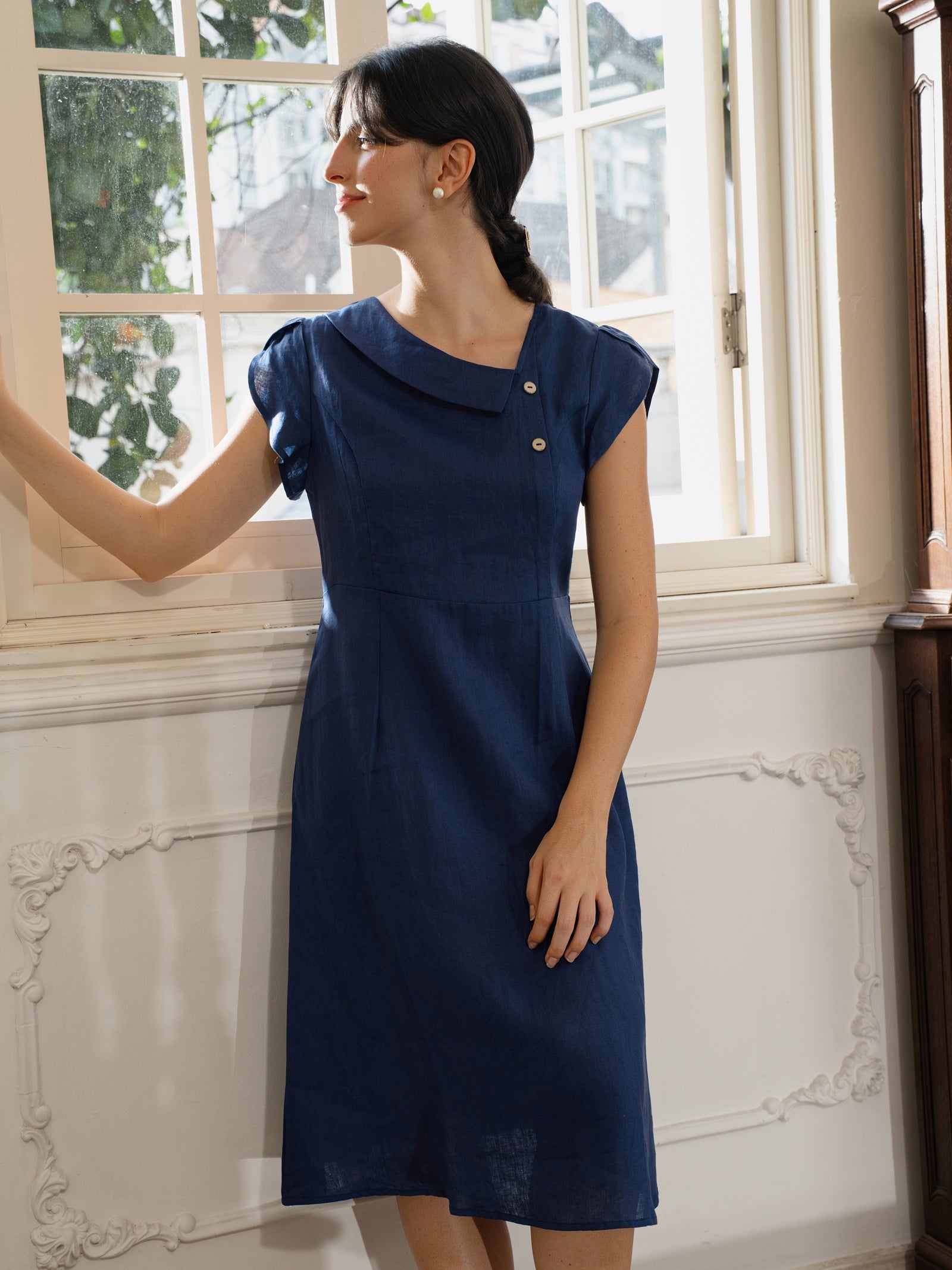 100% Linen Crescent Collar Flutter Sleeve Mini Dress FIONA