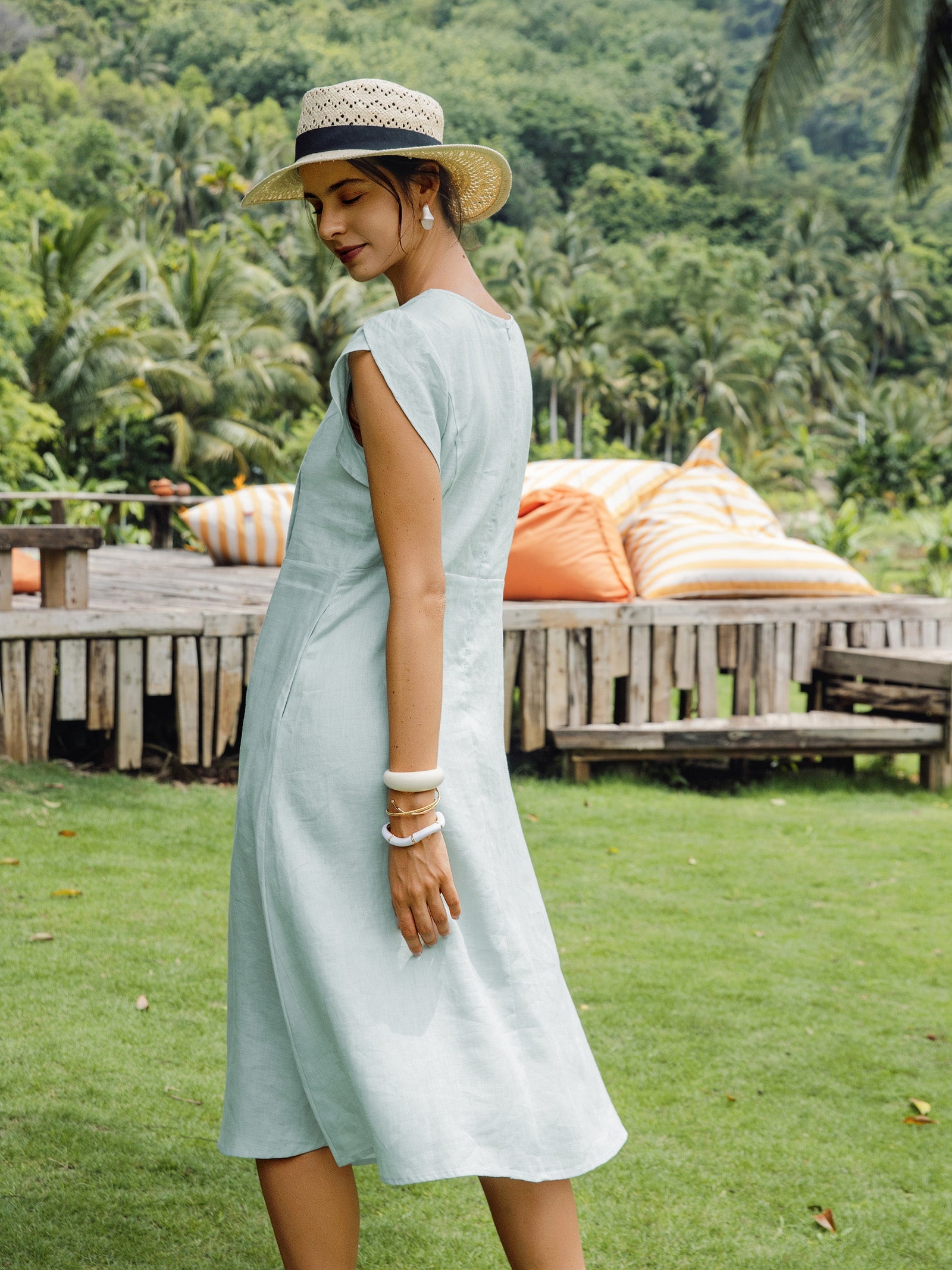 100% Linen Crescent Collar Flutter Sleeve Mini Dress FIONA