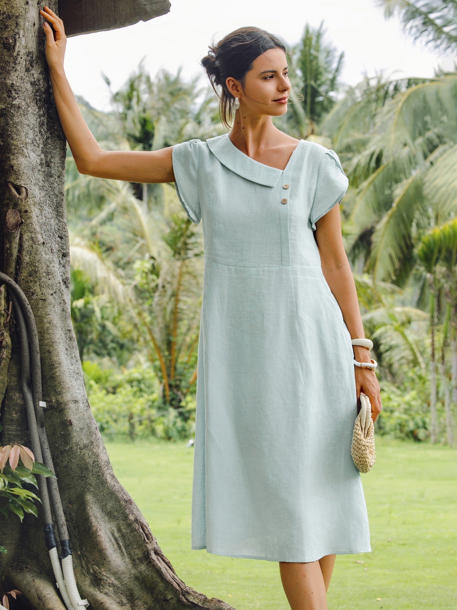 100% Linen Crescent Collar Flutter Sleeve Mini Dress FIONA