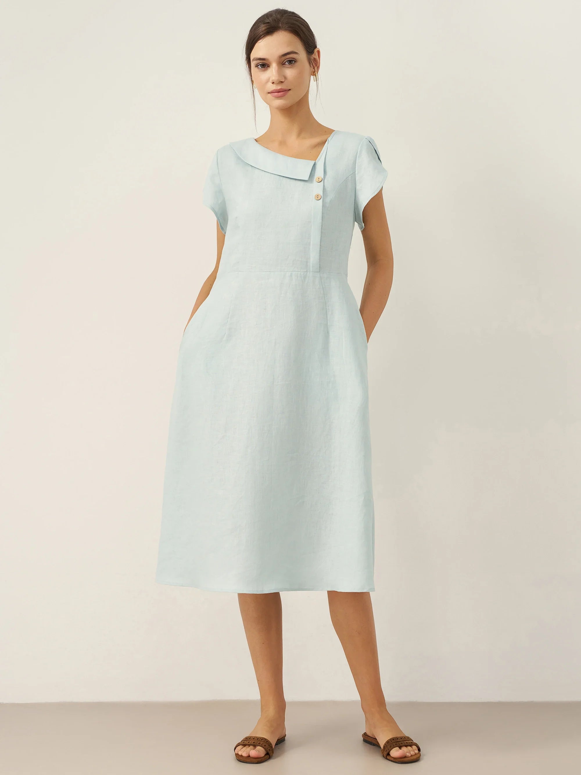 100% Linen Crescent Collar Flutter Sleeve Mini Dress FIONA